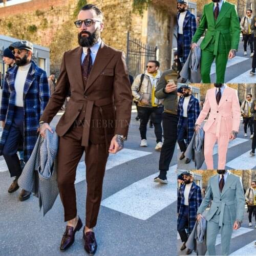 New Brown Fashion Men Suit 3 Pieces With Belt Tailored Men Business Casual Suits Slim fit Groom Wedding Tuxedo Jacket Vest Pants