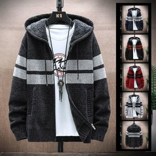 Autumn/winter hooded jumper warm casual zipper cardigan fashion stripe grab wool jacket new mens jacket