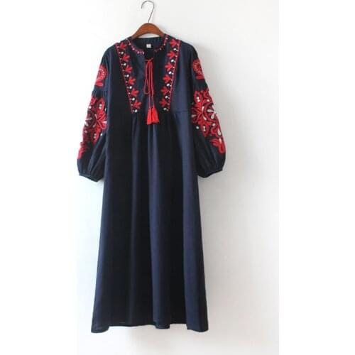 PERHAPS U Blue Red Embroidery Floral O Neck Tassel Midi Loose Lace Up Long Lantern Sleeve Vintage Retro Casual D0205