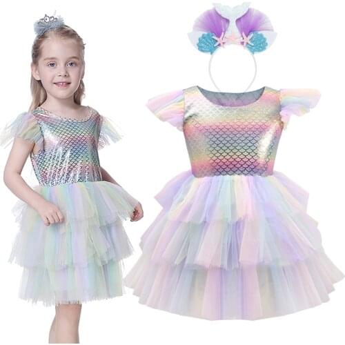 VOGUEON Bling Little Mermaid Tutu Dress for Girls Summer Mesh Layered Dresses Baby Girl Birthday Party Toddler Clothes 1-6 Years