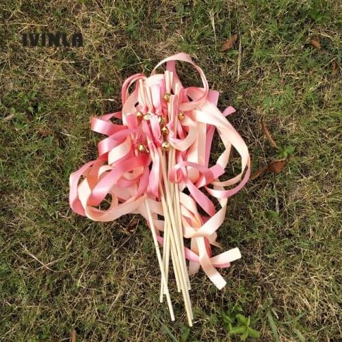 Hot Selling 50pcs/lot pink wedding ribbon wands stick with sliver bell for wedding decoration
