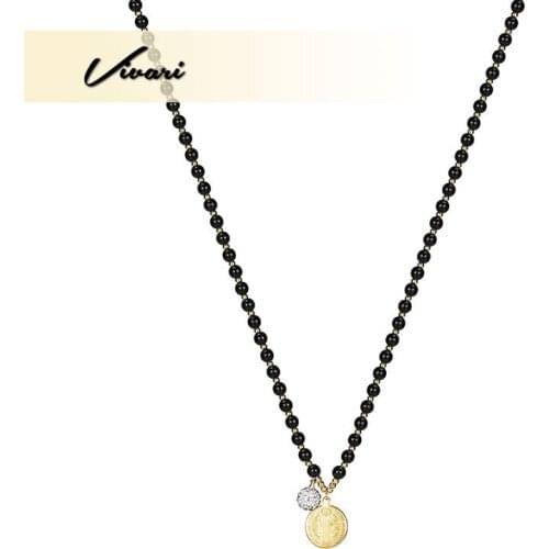 Vivari Womens Fashion Black Stainless Steel Pearl Necklace Beaded Round Pendant Necklace