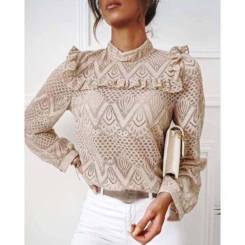 2020 Spring Autumn Fashion Lace Frill Hem Hollow Out Long Sleeve Blouse Women High Neck OL Chic Solid Elegant Top Shirt