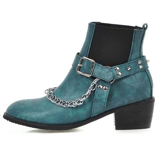 Women Teal Ankle Booties Metal Chain Round Toe Chunky Heel Elastic Cloth Shoes Slip On Rivet Medium Heel High End Shoes Fashion