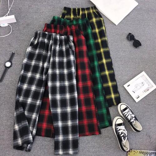 Heydress 2019 Autumn Harajuku Streetwear Plaid Pants Women High Waist Loose Wide Leg Pants Korean Hip Hop Men Trousers