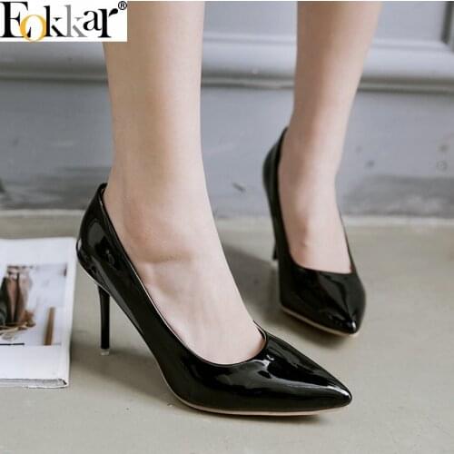 Eokkar 2019 New Sexy Patent PU Leather Closed Toe Stiletto Sandals Thin High Heels Pink Office Lady Shoes Women Plus Size 34-45