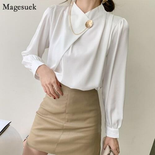 Office Ladies Puff Sleeve Stand Collar White Shirts Women 2021 Elegant Chiffon Blouse Tops Women Korean Loose Office Shirt 13105