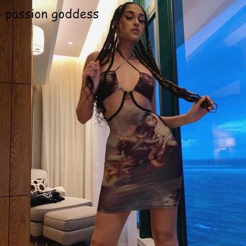 New 2021 Women Sexy Angel Print Bodycon Club Party Mini Short Dress Summer Off The Shoulder Draw String Halter Harajuku Dress