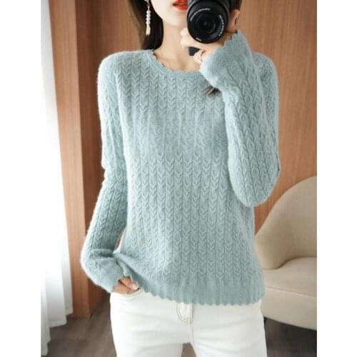 100% Cashmere and Wool Sweater 2021 Autumn/Winter New Womens O-Neck Pullover Lace twist Knit Top Female Jacket Long-Sleeved