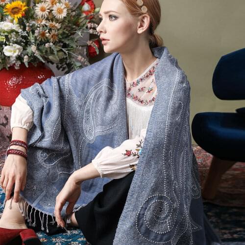 100% Merino Wool Scarf Women Luxury Brand Indian Handmade Beaded Paisley Warm Soft Wool Thick Scarf Female Shawl Blue High-end