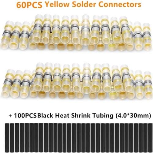 160PCS Solder Seal Wire Connectors Heat Shrink Tube Fast Butt Connectors Waterproof Insulated Electrical Wire Terminals Yellow