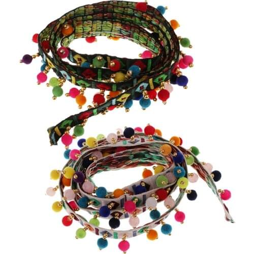 2Pcs Ethnic Style Fringed Lace Jacquard Ribbon With Pompom Ball Trim 1 Yard DIY Apparel Sewing for embellishments