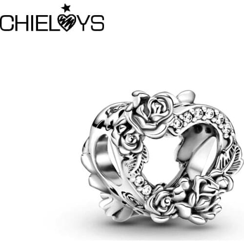 2Pcs/Lot Genuine 2021 New Silver Color Beads Open Heart & Rose Flowers Charms Fit Original Brand Bracelets For Women DIY Jewelry