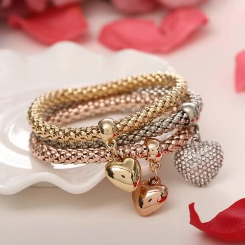 3Pcs/lot Gold Filled Heart Charm Elastic Bracelets For Women Pulseras Bracelet Cute Multilayer Bangles Pulseira Feminina