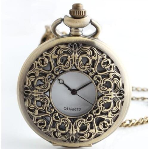 50pcs/lot Bronze Hollowed Palace Carving Quartz Pocket Watch Necklace Pendant Gift Men Women Watches