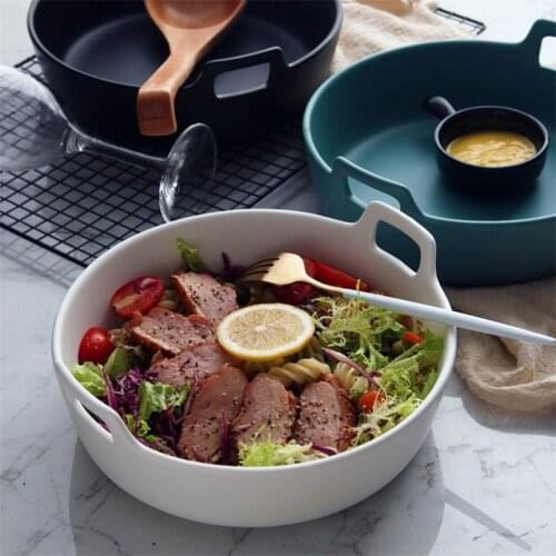 Japanese Large Creative Soup Noodle Dessert Bowl Home Fruit Plate Ceramic Deep Dish with Handle Household Tableware Baking Dish