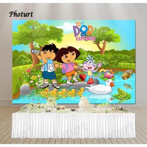PHOTURT Dora Explorer Backdrop Kids Birthday Party Photography Background Green Forest Monkey Duck Photo Banner Decorate Props