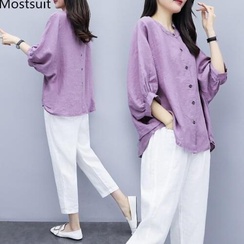 Cotton Linen Two Piece Sets Outfits Women Plus Size Purple Tops And White Pants Suits Casual Vintage Fashion Korean 2 Piece Sets