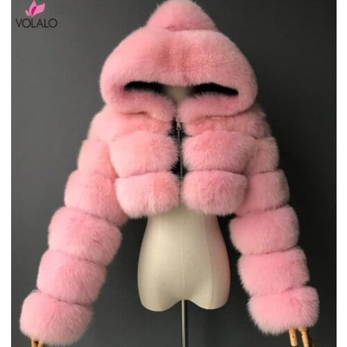 High Quality Furry Cropped Faux Fur Coats And Jackets Women Fluffy Top Coat With Hooded Winter Fur Jacket Manteau Femme