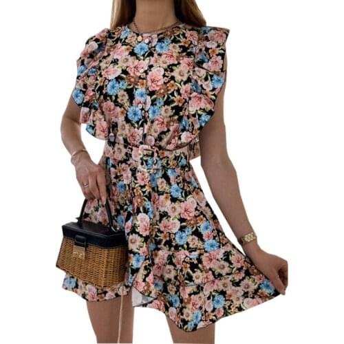 Summer Dress Women Robe Femme Print A-Line Dresses Printed Ruffles Belt O-Neck Sleeveless Mini Dress For Woman Vestido De Mujer