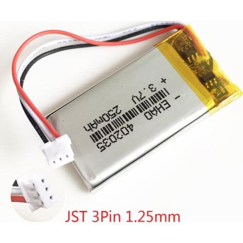 3.7V 250mAh 402035 Lithium Polymer LiPo Rechargeable battery JST 1.25mm 3pin connector for GPS Mp3 GPS bluetooth smart watch