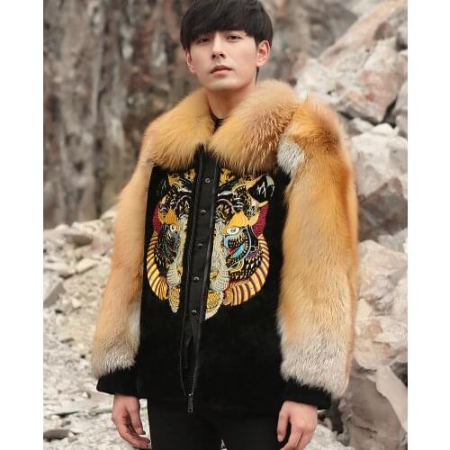 Mens B3 Sheepskin Shearling Jacket Mens Fox Fur Coat Leather Jacket Mens Winter Coats Embroidered Coat
