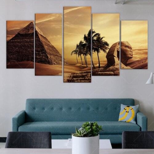 Wall 5 Pieces Pyramids Egypt Androsphinx Sunset Scenery Pictures Art Framed HD Prints Canvas Paintings Poster Modular Decor Room
