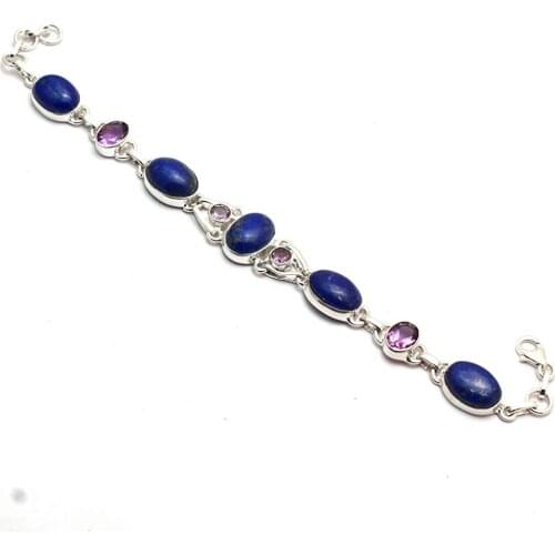 Genuine Lapis Lazuri + Amethyst Bracelet 925 Sterling Silver, 21 cm, GRPB0436