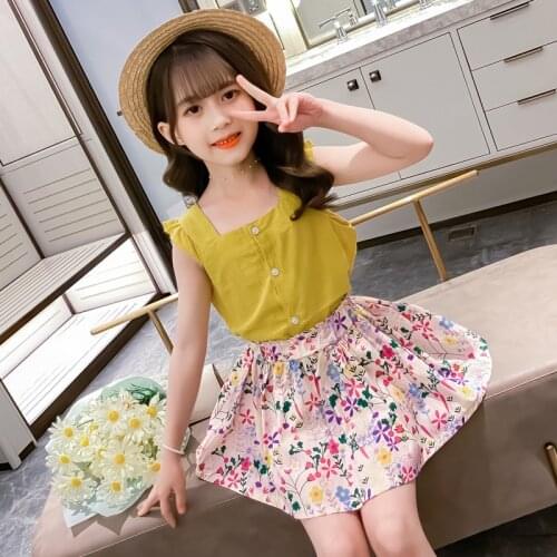 4-9 Years Children Girls Clothes Set Sleeveless T-Shirt +Flower Print Skirts Summer Fashion Outfit Kids Girls Clothes Suit
