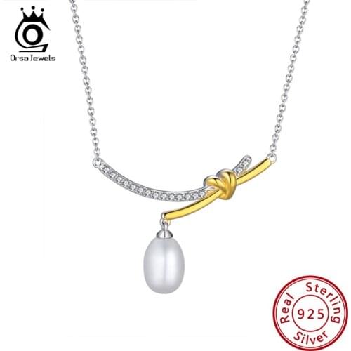 ORSA JEWELS 925 Silver Korean Cultured 10mm Freshwater Pearl Necklace for Women Gold-Plated Bundled Chain Elegant Pendant GPN01