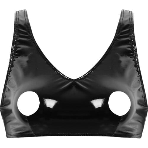Alvivi Sexy Exotic Women Bra Wetlook Patent Leather Lingerie Open Nipples Hole Bra Top Female Fux Leather Bra Crop Top 2020 Hot