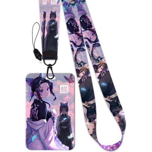 Anime Lanyard Demon Slayer Kochou Shinobu Neck Strap Rope For Mobile Cell Phone ID Card Badge Holder With Keychain Keyring Gift