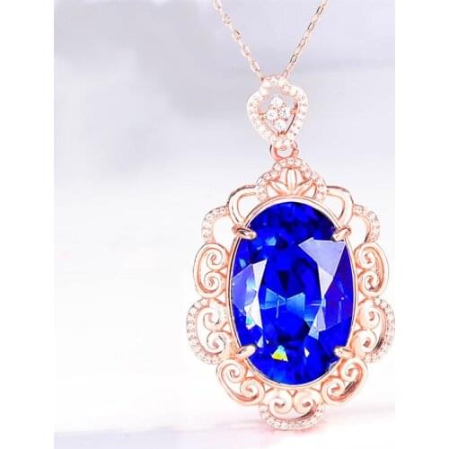 Vintage Jewelry Luxury Geometric Hollow Rose Golden Pendant Necklace Inlay Oval Blue Big Zircon Womens Wedding Romantic Choker