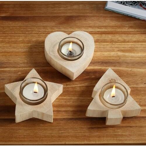 Solid Wood Candle Tea Light Holder Natural Xmas Wedding Holidays Candlestick for Home Party Decor - Star, Xmas Tree, Heart Shape