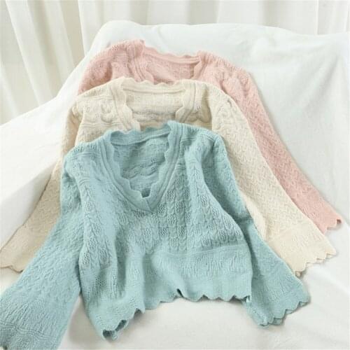 Korean Sweet Knitted Fashion Sweater Women 2021 New V-Neck Full Solid Hollow Out Sweaters Loose Chic Casual Wild Pullovers