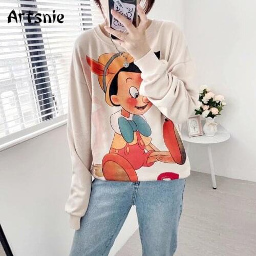 Artsnie Disney Pinocchio Cartoon Oversized Sweatshirt Women Autumn O Neck Drop Shoulder Hoodies Streetwear Khaki Sweatshirts
