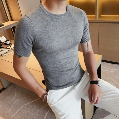 Knitted Short Sleeve T-shirts 2021 Summer O-neck Slim Casual T Shirts Solid Color Business Social Dress Tee Tops Male Clothing