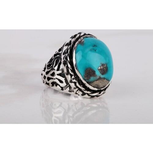 UM US JEWELRY Turquoise Natural Stone Hand Embroidered 925 Sterling Silver Men Ring