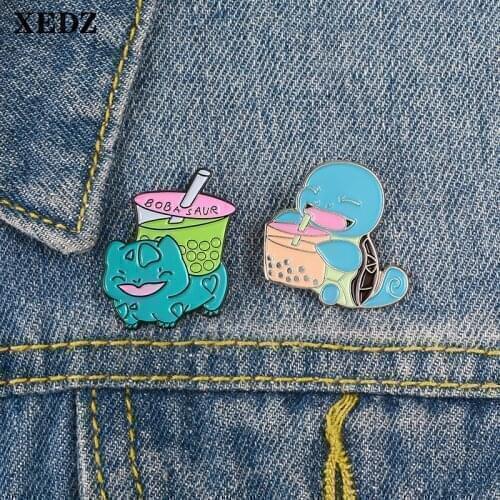 XEDZ happy turtle enamel pin cute cartoon animal Boba pearl milk tea summer shirt clothes lapel brooch jewelry gift for friends