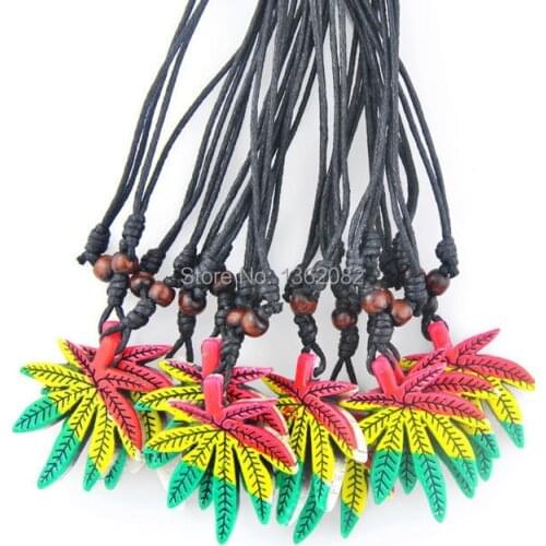 Jewelry 12pcs Handmade Imitation Yak Bone Carving Colorful Lucky leaf Pendant Adjustable Necklace Gift MN227