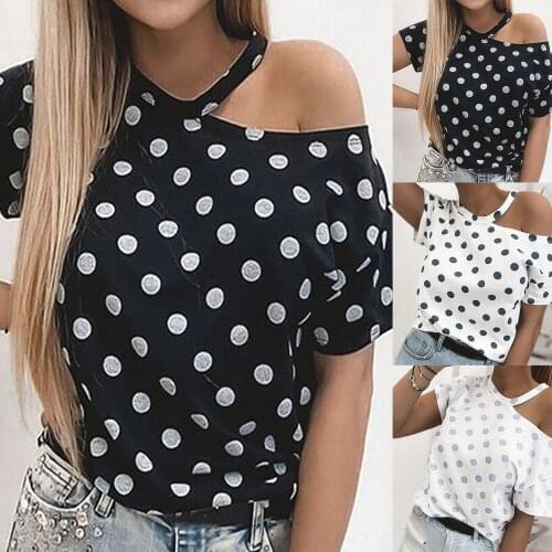 Women Short Sleeve Exposed One Shoulder Round Neck Sexy T-shirt Polka Dots Print Blouse Top Daliy All-match Lovely Girl T-shirt