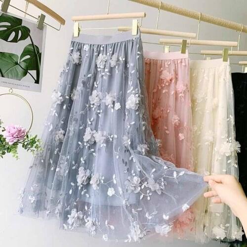 Woman Skirts 2021 Korean Style Fashion Elastic Waist Appliques Embroidery Floral Mesh Skirt Long Gauze Ball Gown Skirt