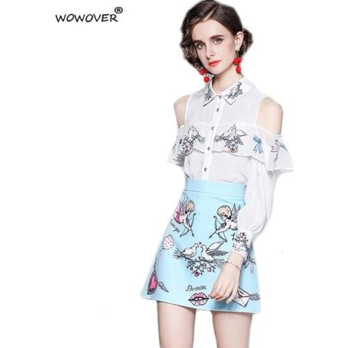 Summer Fashion Women Runway Two Piece Dress Set 2021 Ruffles Off The Shoulder Shirt with Skirt Suit Party Holiday Outfits