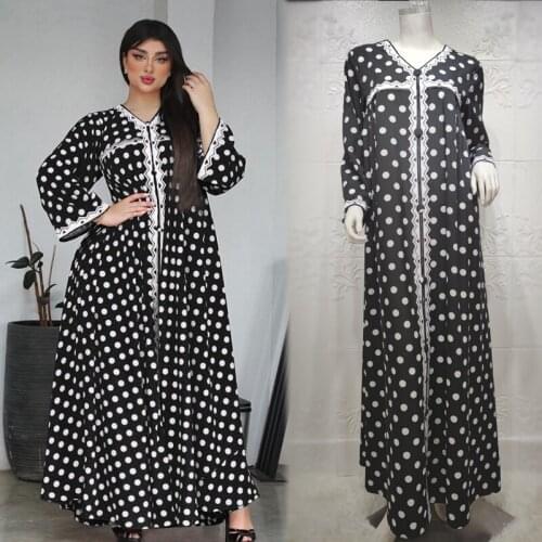 Black Maxi Dress for Women Plus Size 2021Polka Dot Print Embroidery Loose Ethnic Muslim Robe Arabic Dubai Robe Islamic Clothing