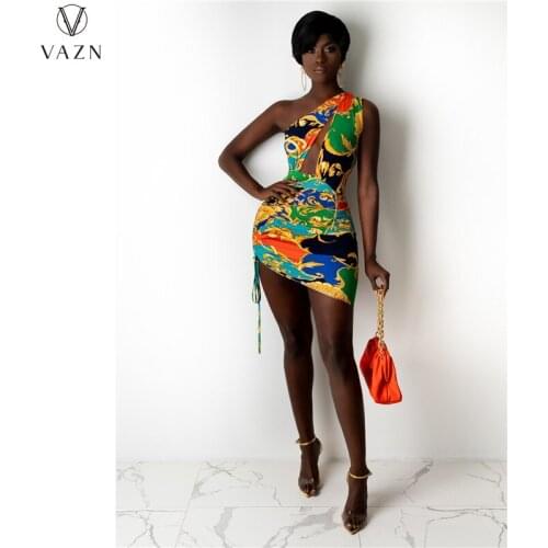 VAZN 2021 Special Party One Shoulder Pleated Dress Women Elegant Fashion Mini Dress Slim Dress Club Birthday Shinny Dress
