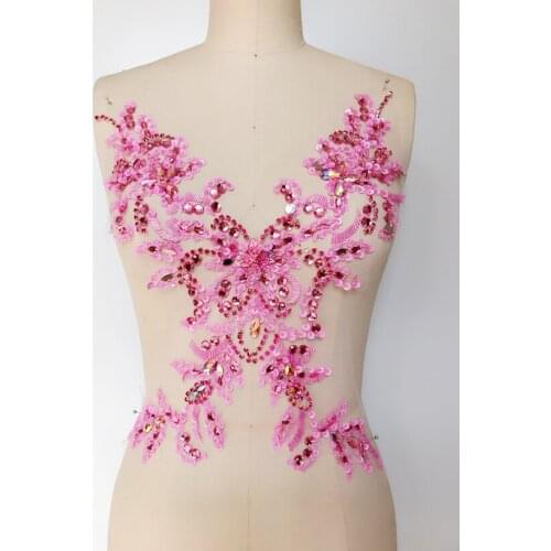 38*21cm handmade pink crystal patches trim sew on rhinestones applique for dress accessories