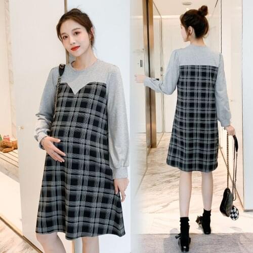 6698# Maternity Clothes Spring Autumn Cotton False Two-piece Loose Stylish Dress for Pregnant Women Mom Dress