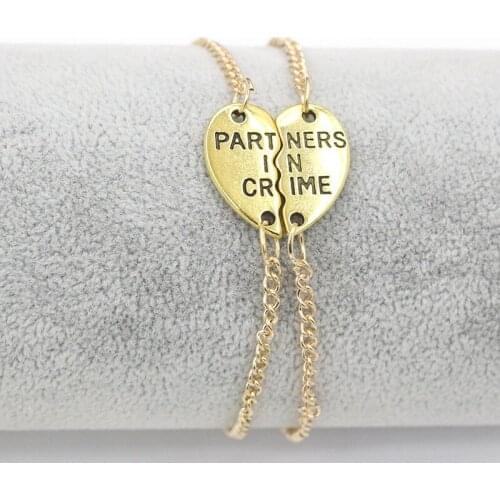 Double Heart Parts Double Chains per pair Words "Partners in crime" Golden Silver Plated Bracelets for Womne Men