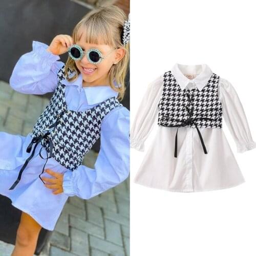 FOCUSNORM Fashion Autumn Kids Girls 2pcs Dress Outfits 1-6Y Plaid Printed Bandage Vest Tops+Solid Long Sleeve A-Line Shirt Dress