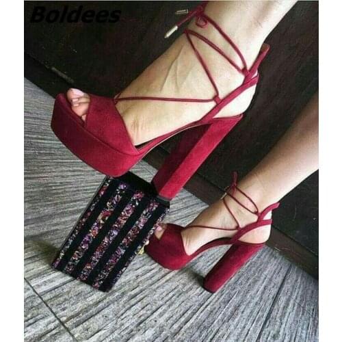Glamorous Rose Red Suede Chunky Heel Sandals Fancy Peep Toe Block Heel Lace Up Dress Sandals Fashion Cut-out Date Platform Shoes